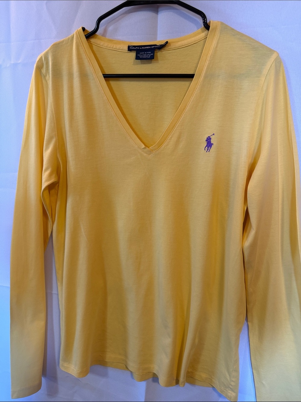 Ralph Lauren Yellow V-Neck Long Sleeve Top with Purple Pony